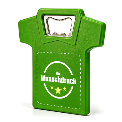 Grüner Flaschenöffner in T-Shirt-Form mit individuellem Druck