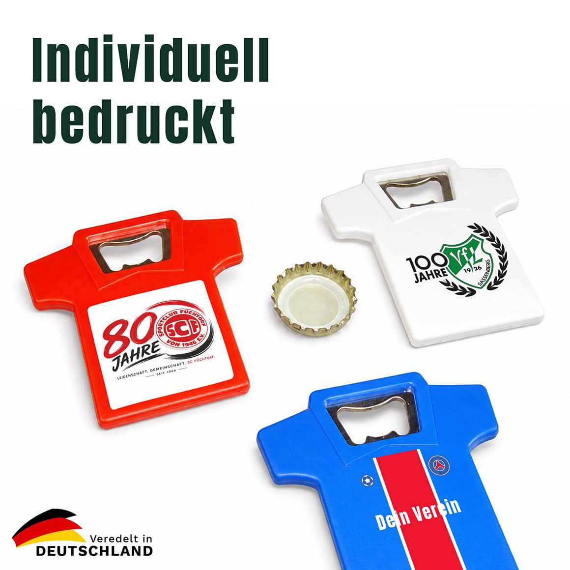 Flaschenöffner in T-Shirt-Form mit verschiedenen individuell bedruckten Motiven
