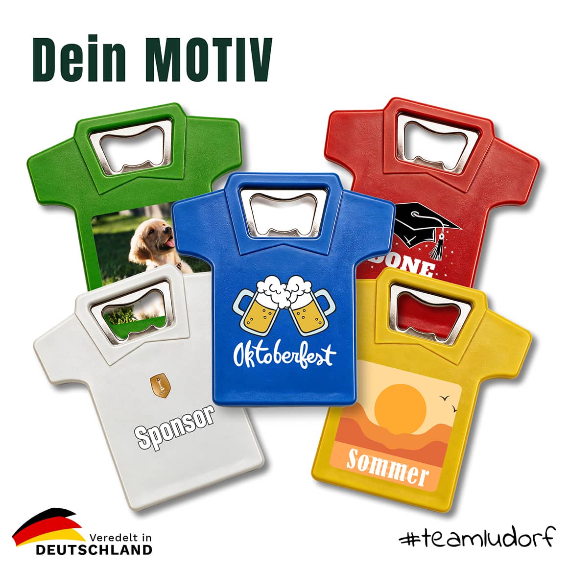 Flaschenöffner in T-Shirt-Form in verschiedenen Farben mit unterschiedlichen Motiven