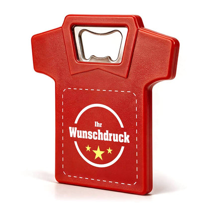 Roter Flaschenöffner in T-Shirt-Form mit individuellem Druck