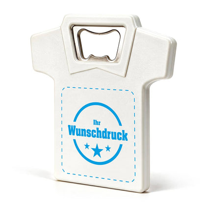 Weißer Flaschenöffner in T-Shirt-Form mit individuellem Druck