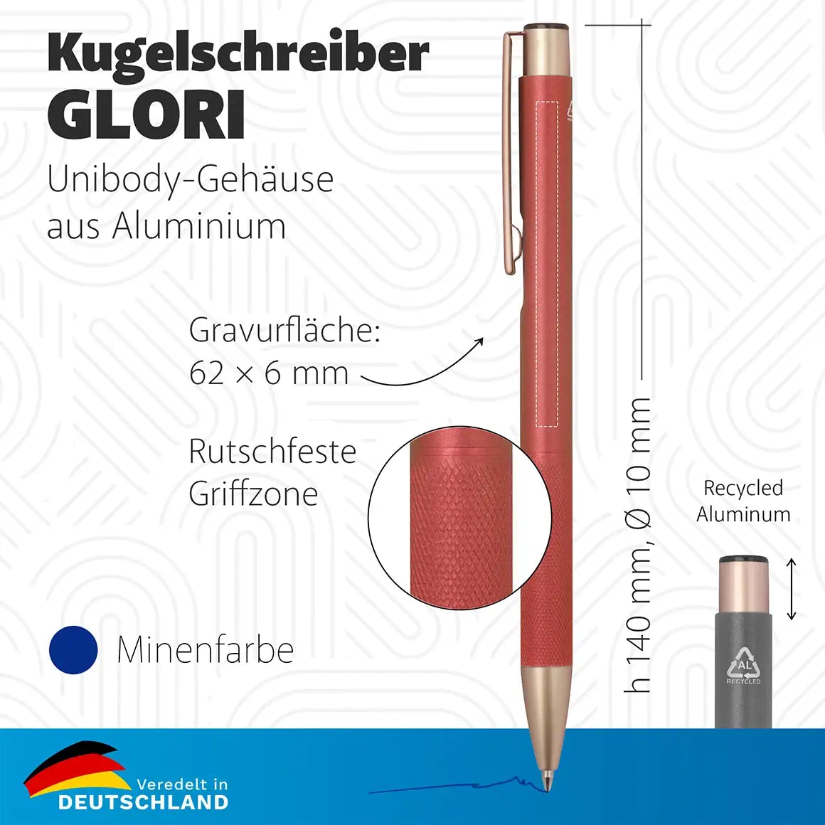 GLORI Kugelschreiber technische Daten Gravurfläche 62x6 mm