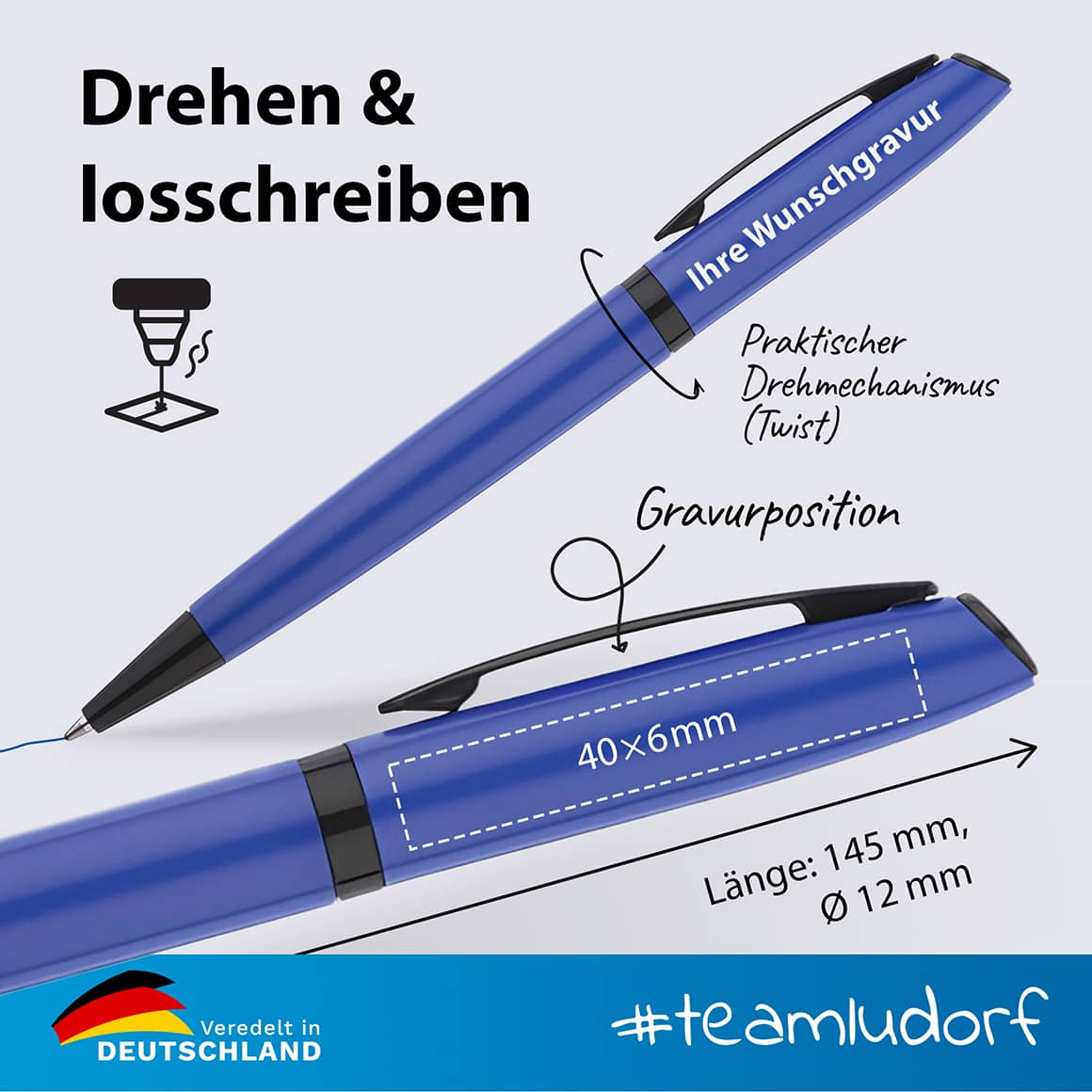 Technische Details zum Kugelschreiber Zeta – Gravurposition und Drehmechanismus erklärt