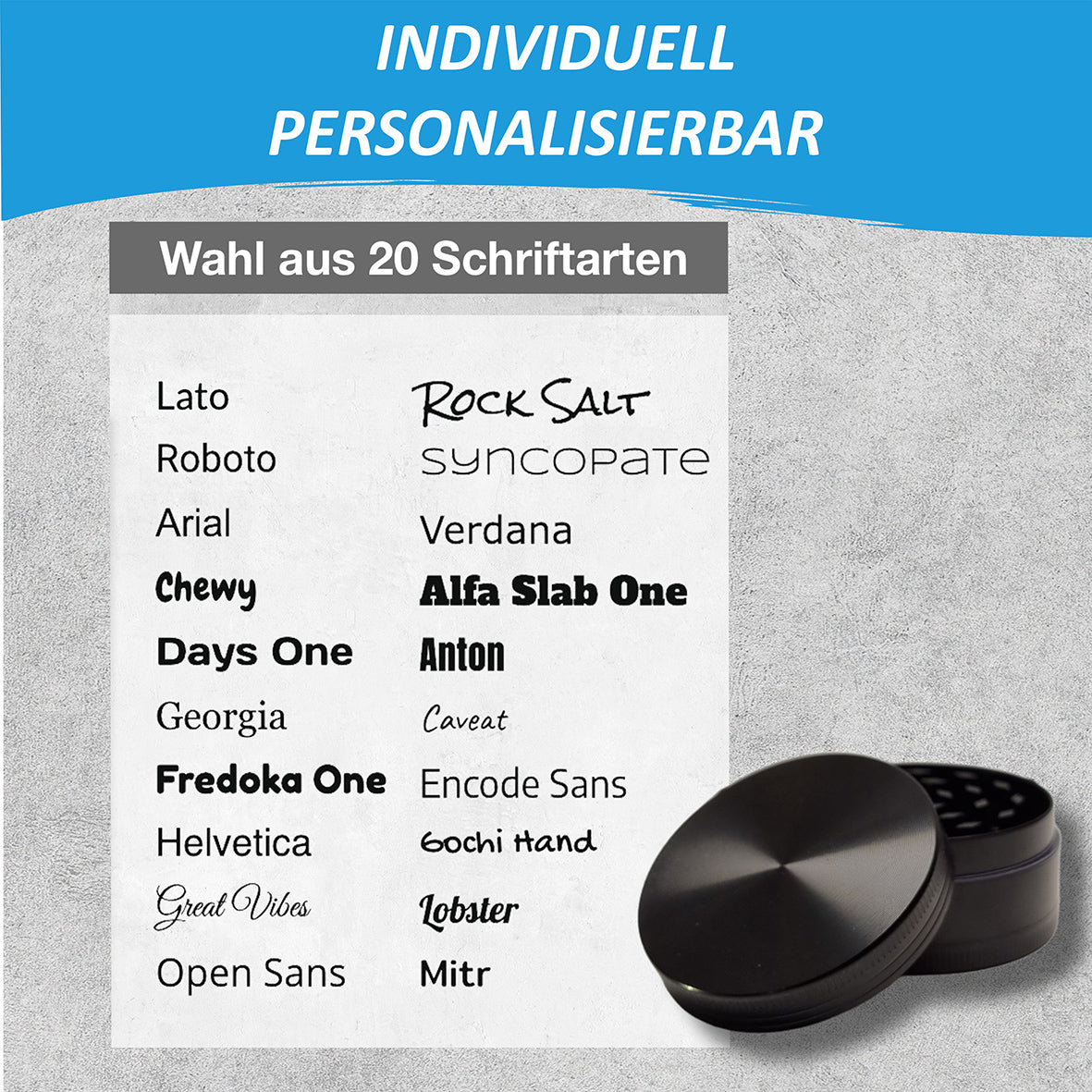 Grinder mit individueller Gravur und Auswahl aus über 20 Schriftarten zur Personalisierung