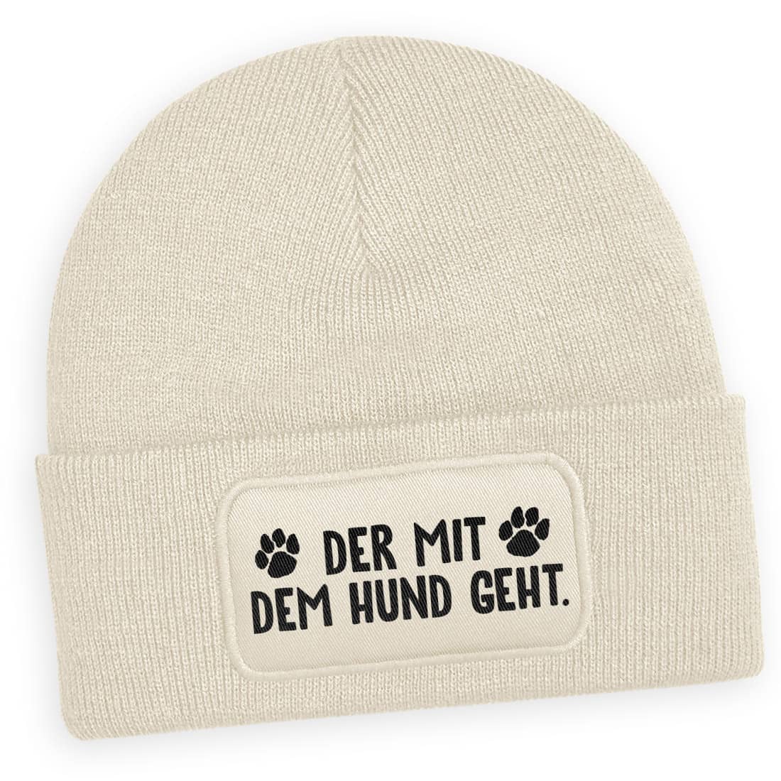 Beigefarbene Wintermütze „Der mit dem Hund geht“ – Personalisierbares Accessoire für Tierfreunde