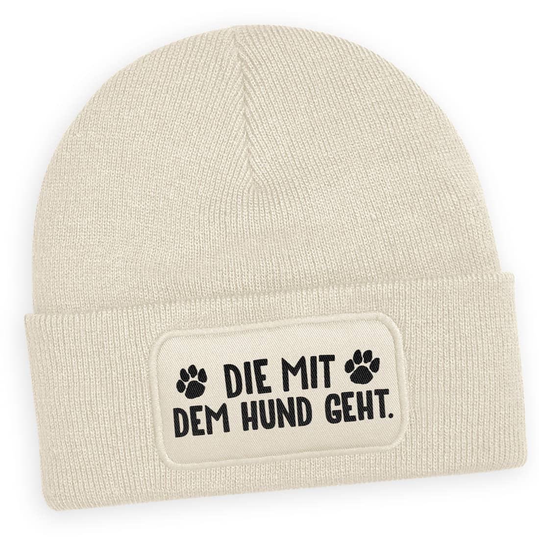 Beigefarbene Wintermütze „Die mit dem Hund geht“ – Personalisierbares Accessoire für Tierfreunde