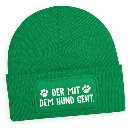 Grüne Wintermütze „Der mit dem Hund geht“ – Perfekt für Hundebesitzer