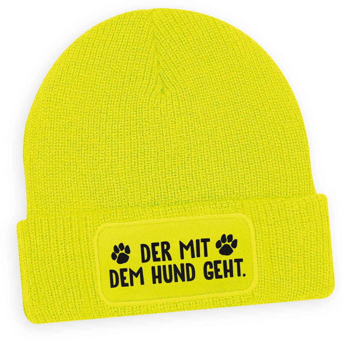 Neongelbe Wintermütze „Der mit dem Hund geht“ – Auffällige Mütze für Tierfreunde