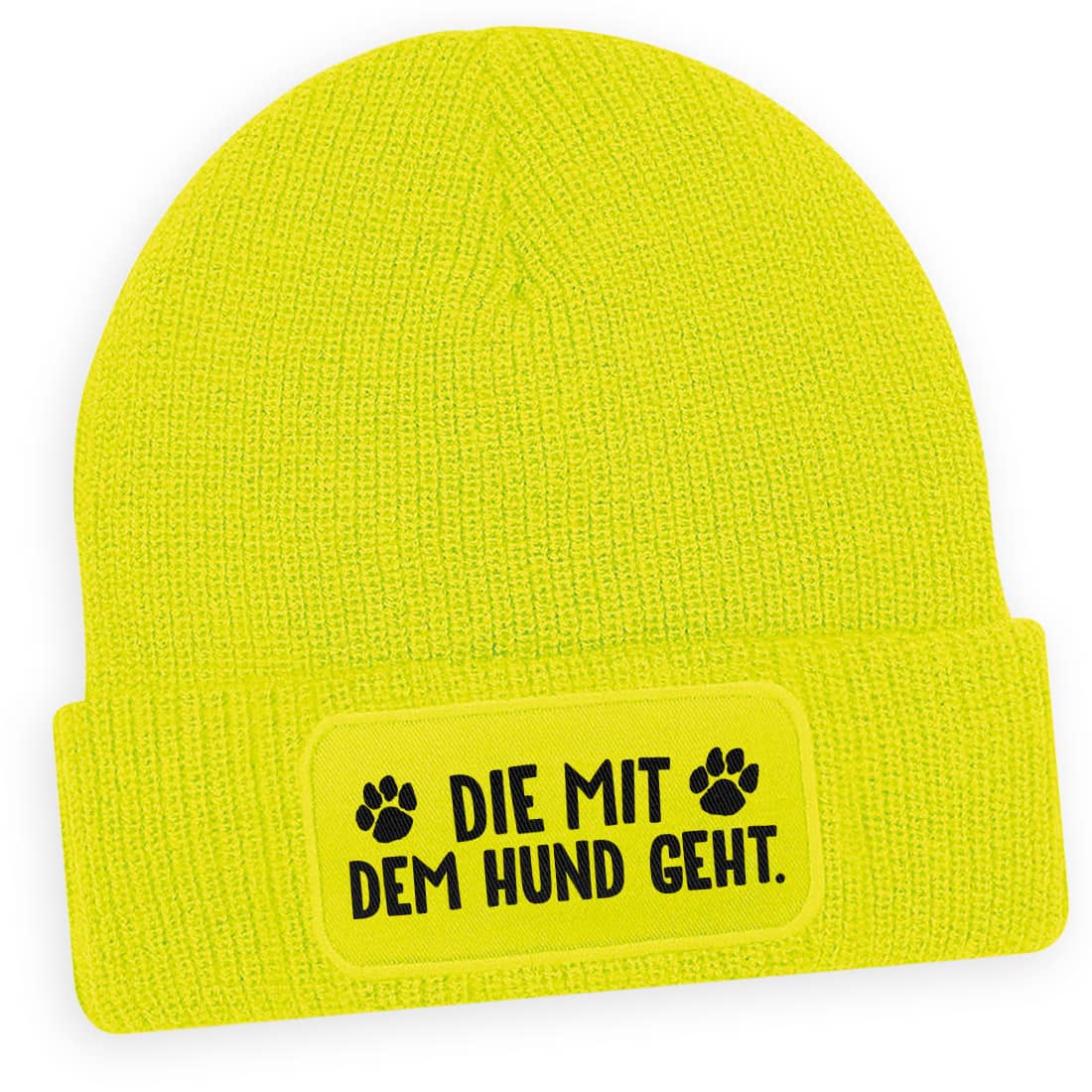 Neongelbe Wintermütze „Die mit dem Hund geht“ – Auffällige Mütze für Tierfreunde