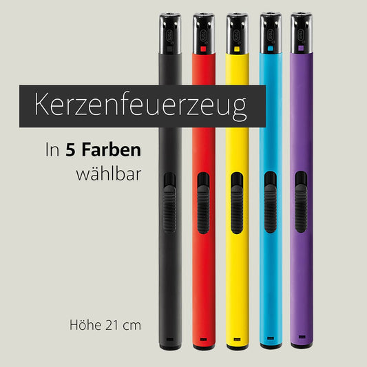 Kerzenfeuerzeug in fünf verschiedenen Farben mit Schriftzug Kerzenfeuerzeug