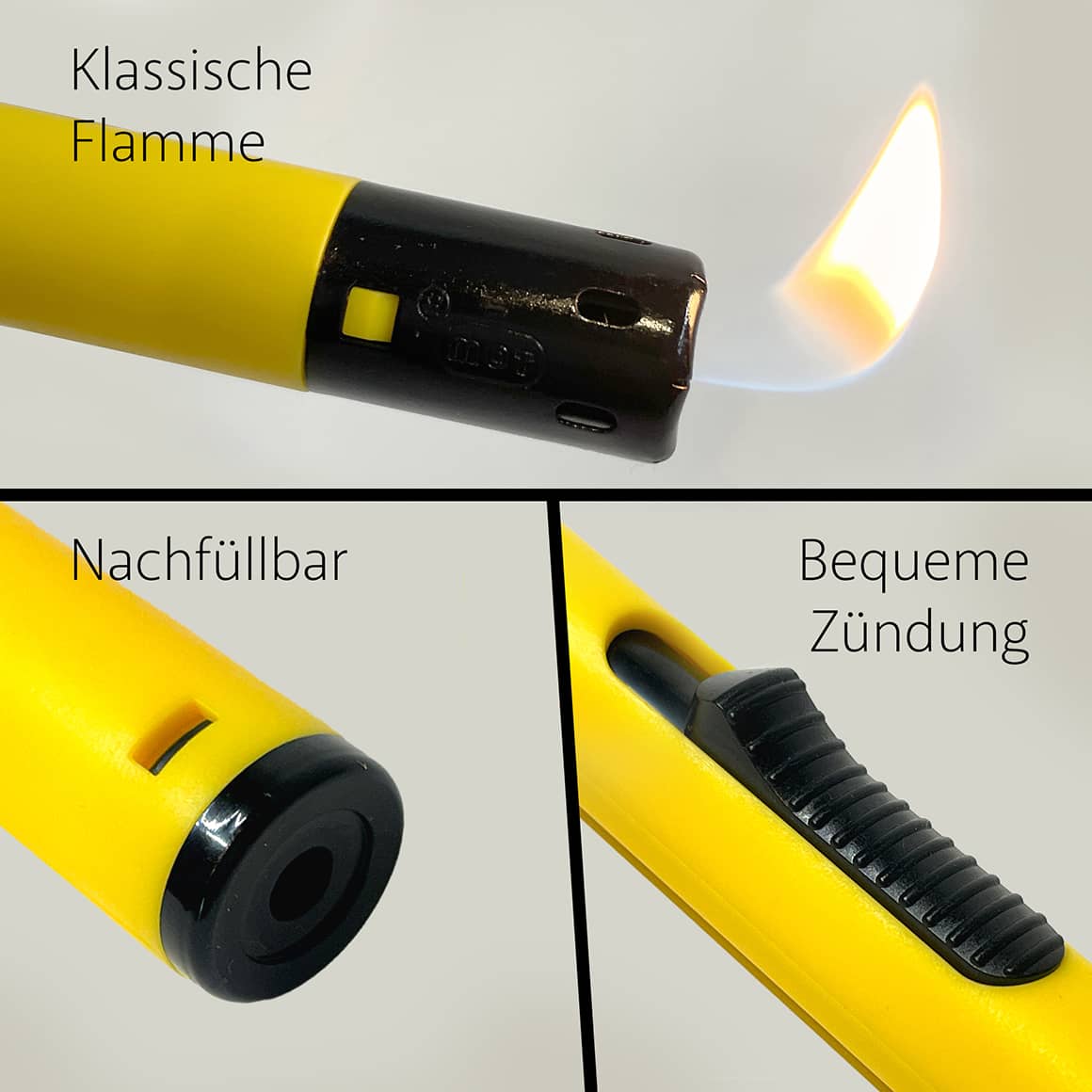 Kerzenfeuerzeug mit normaler Flamme, Nachfüllöffnung und Zündknopf