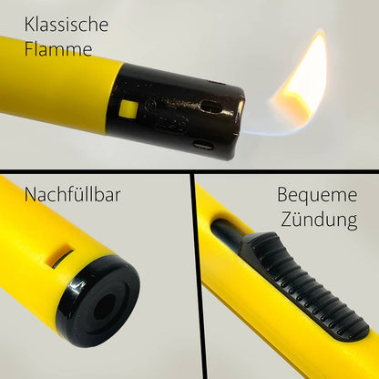 Kerzenfeuerzeug mit normaler Flamme, Nachfüllöffnung und Zündknopf