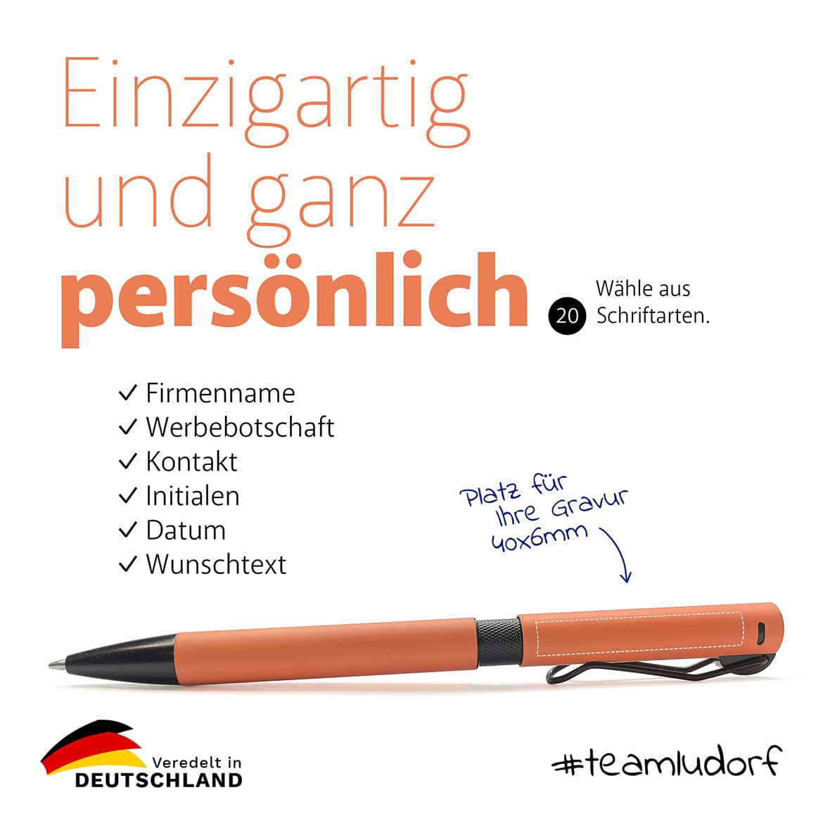 KORA Kugelschreiber Gravur – Name, Firmenname oder Wunschtext per Lasergravur personalisieren