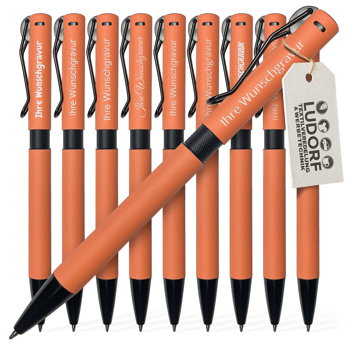 KORA Soft-Touch Kugelschreiber in Orange mit schwarzem Kordelclip