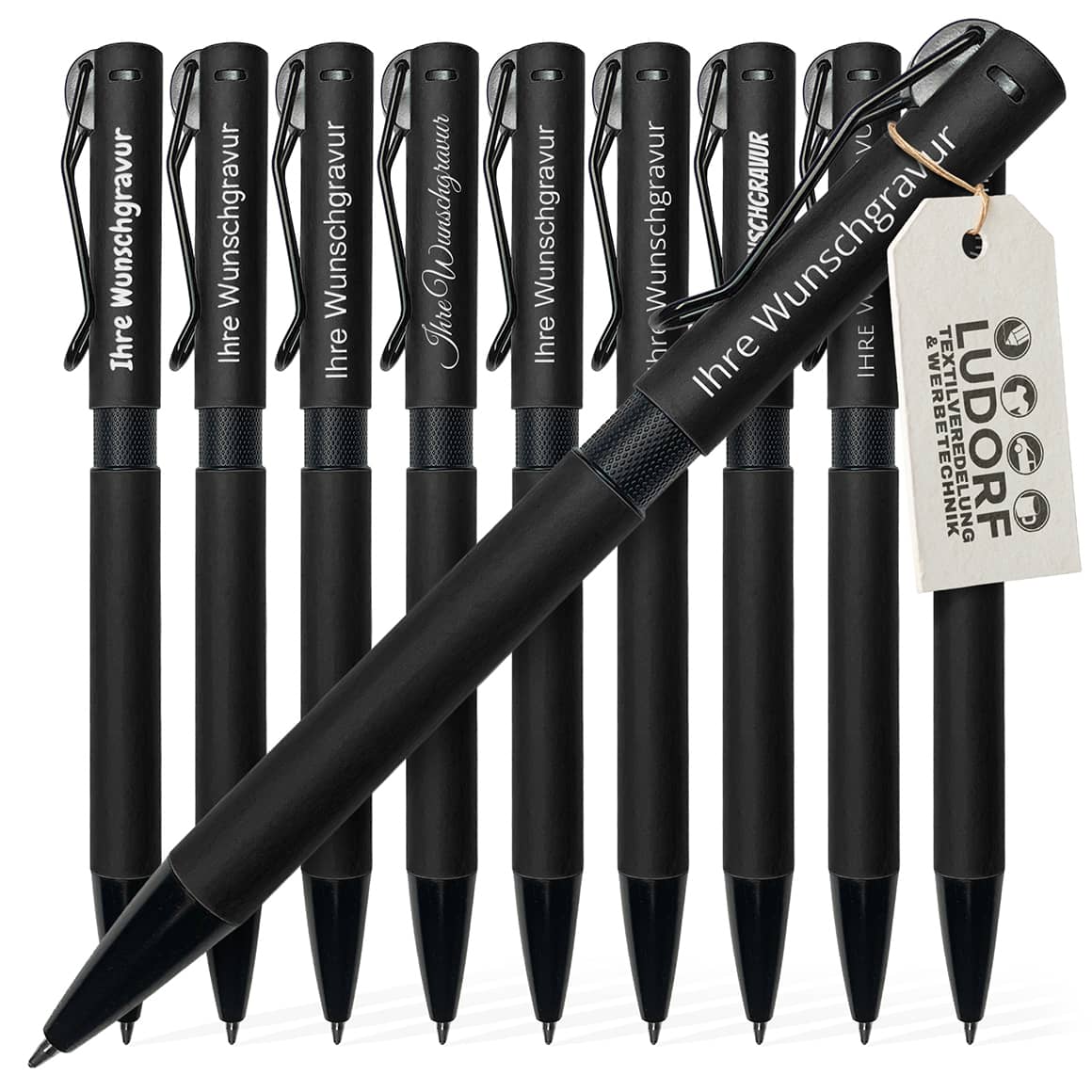 KORA Soft-Touch Kugelschreiber in Schwarz mit schwarzem Kordelclip