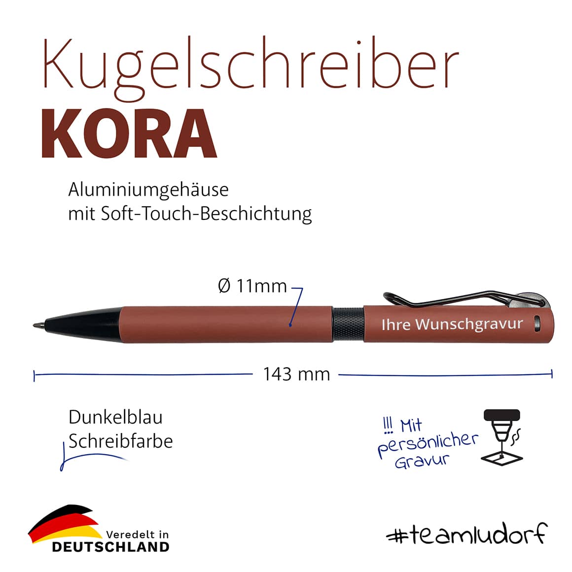 KORA Kugelschreiber technische Daten – Aluminium, Soft-Touch-Oberfläche, Ø 1,1 × 14,3 cm, Druckmechanik