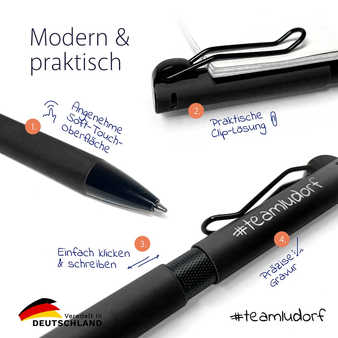KORA Kugelschreiber Vorteile – Soft-Touch-Oberfläche, Kordelclip und persönliche Gravur