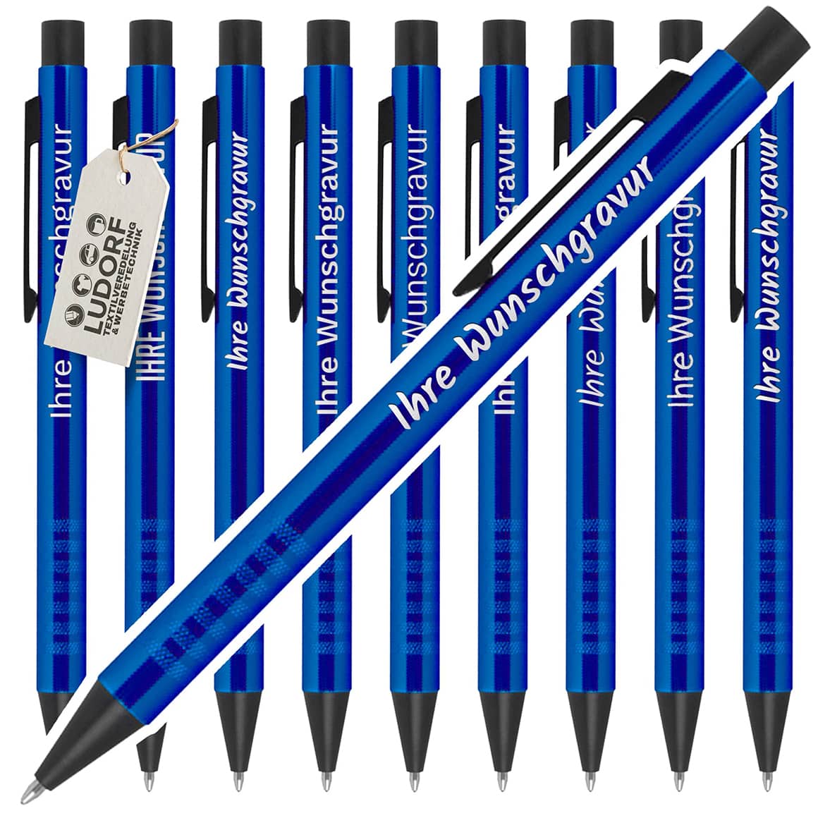 Blauer Kugelschreiber mit Logo und Gravur