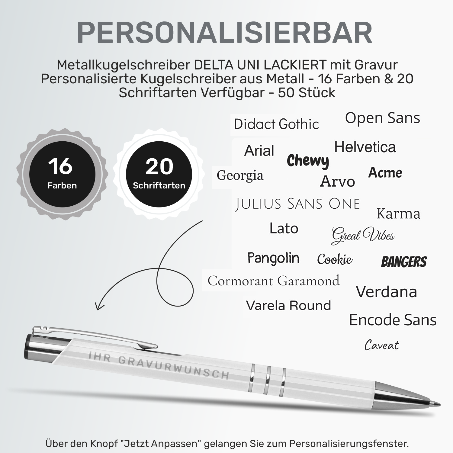 Personalisierung des DELTA UNI Kugelschreibers mit über 20 Schriftarten für Namen und Texte