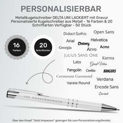Personalisierung des DELTA UNI Kugelschreibers mit über 20 Schriftarten für Namen und Texte