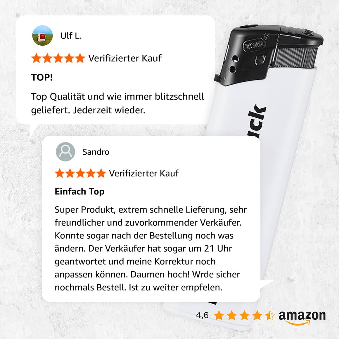 Kundenbewertungen zum zweifarbigen Feuerzeug mit individueller Bedruckung – Amazon Bewertung 4.6 Sterne