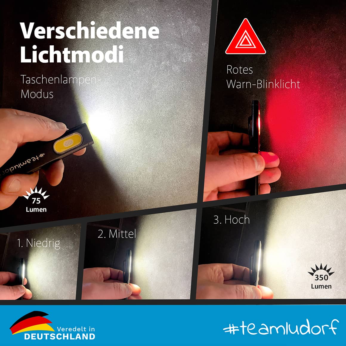 LED Arbeitslampe mit Gravur – Übersicht aller Lichtmodi: Frontlicht, Seitenlicht niedrig, mittel, hoch, rotes Warnblinklicht