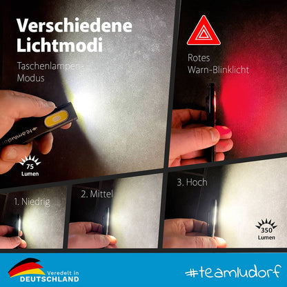 LED Arbeitslampe mit Gravur – Übersicht aller Lichtmodi: Frontlicht, Seitenlicht niedrig, mittel, hoch, rotes Warnblinklicht