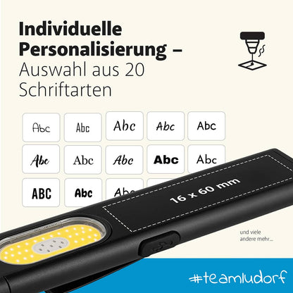 LED Arbeitslampe mit Gravur – individuell personalisierbar mit Text oder Logo