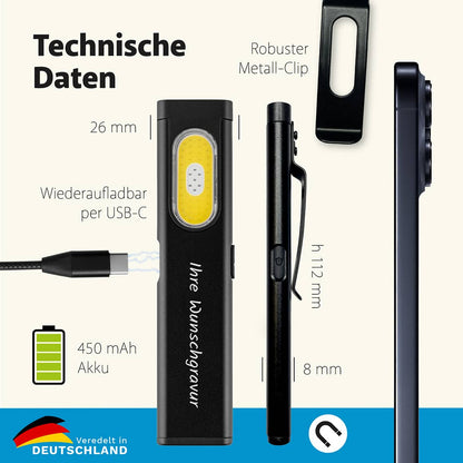 LED Arbeitslampe mit Gravur – technische Daten: Akku 450 mAh, USB-C wiederaufladbar, Aluminiumgehäuse, Lichtmodi