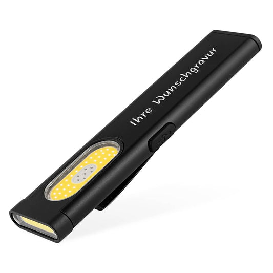 LED Arbeitslampe mit Gravur auf weißem Hintergrund – kompakt, wiederaufladbar und vielseitig einsetzbar