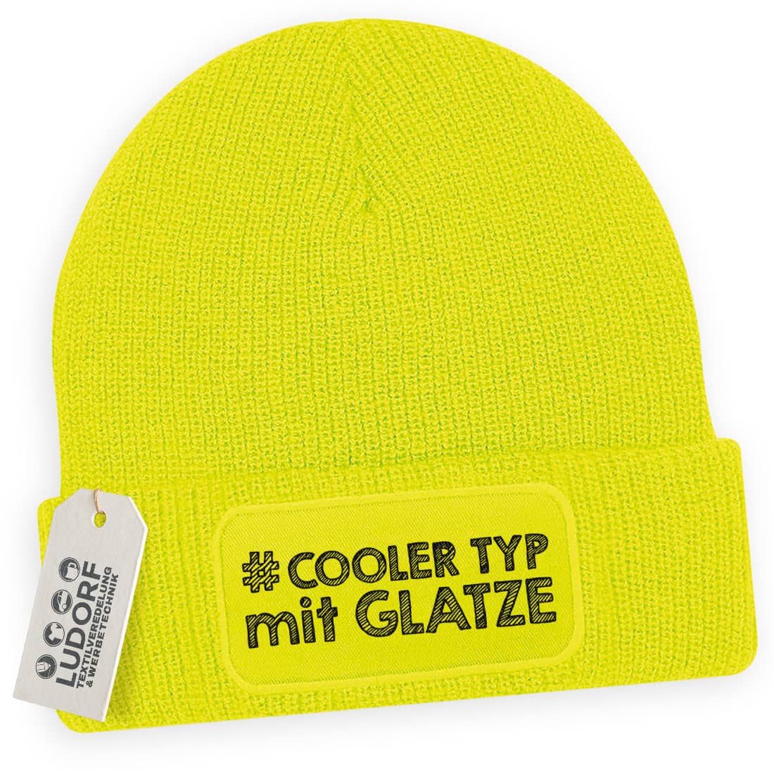 Männer Wintermütze Neongelb – Motiv Cooler Typ mit Glatze