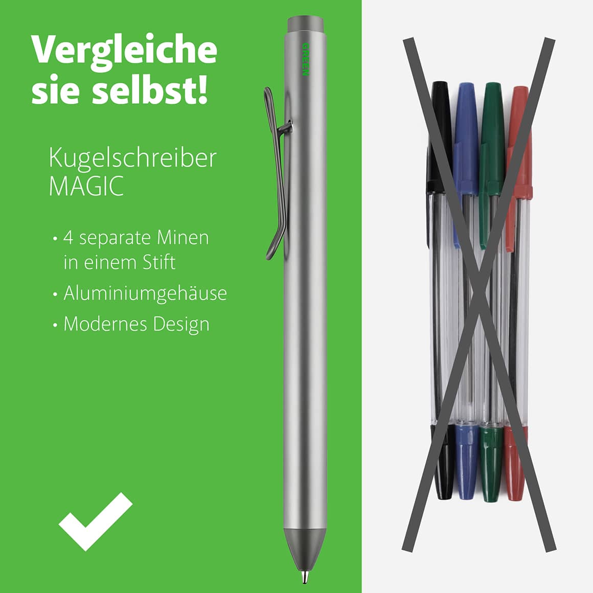MAGIC 4-in-1 Kugelschreiber – vier Farben in einem Stift im Vergleich zu einzelnen Stiften