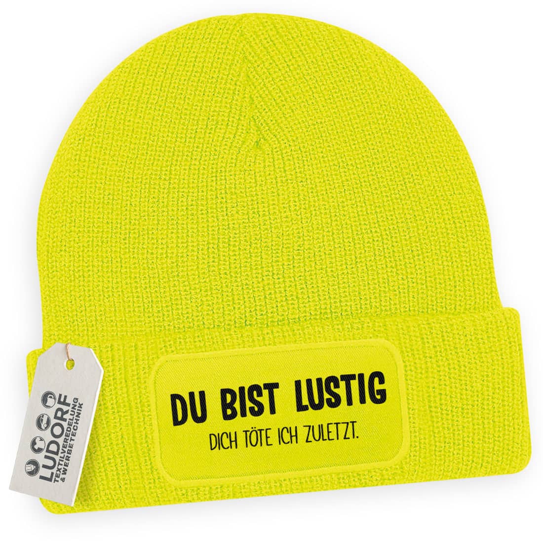 Neongelbe Wintermütze mit humorvollem Spruch ‚Du bist lustig – dich töte ich zuletzt‘