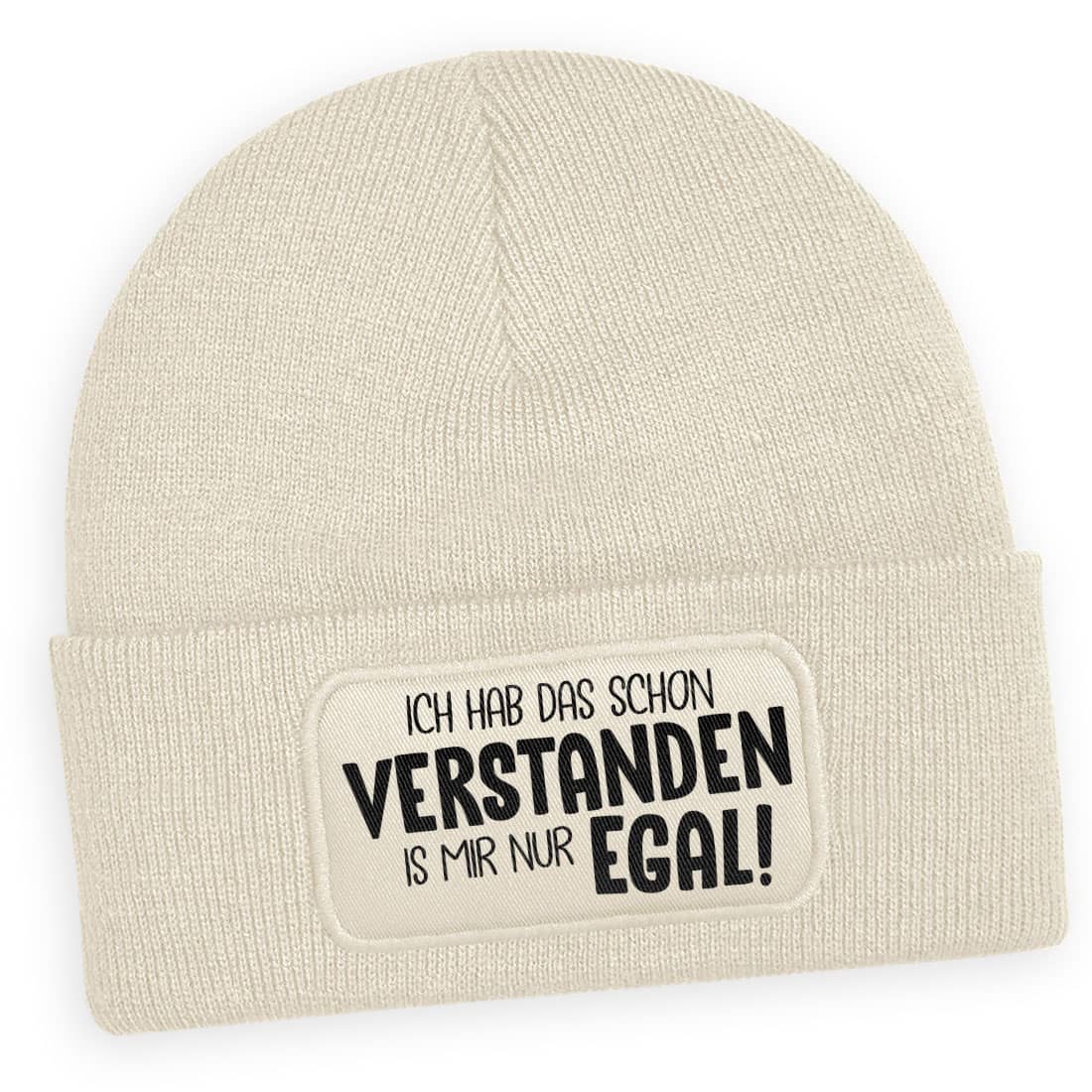 Beige Wintermütze mit lustigem Spruch ‚Ich hab das schon verstanden, ist mir aber egal