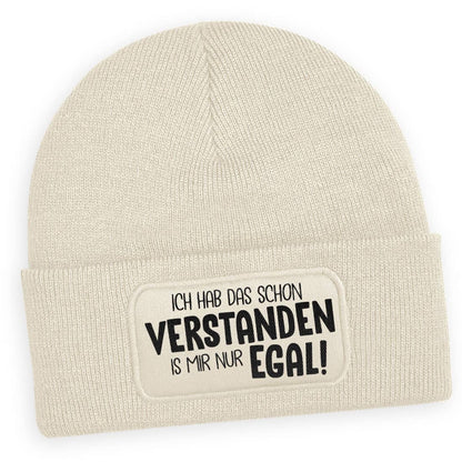 Beige Wintermütze mit lustigem Spruch ‚Ich hab das schon verstanden, ist mir aber egal