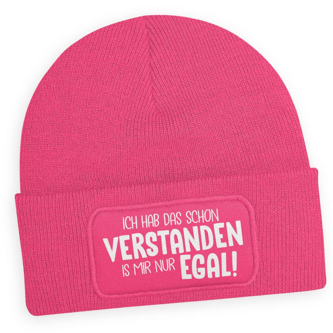 Fuchsia Wintermütze mit lustigem Spruch ‚Ich hab das schon verstanden, ist mir aber egal‘