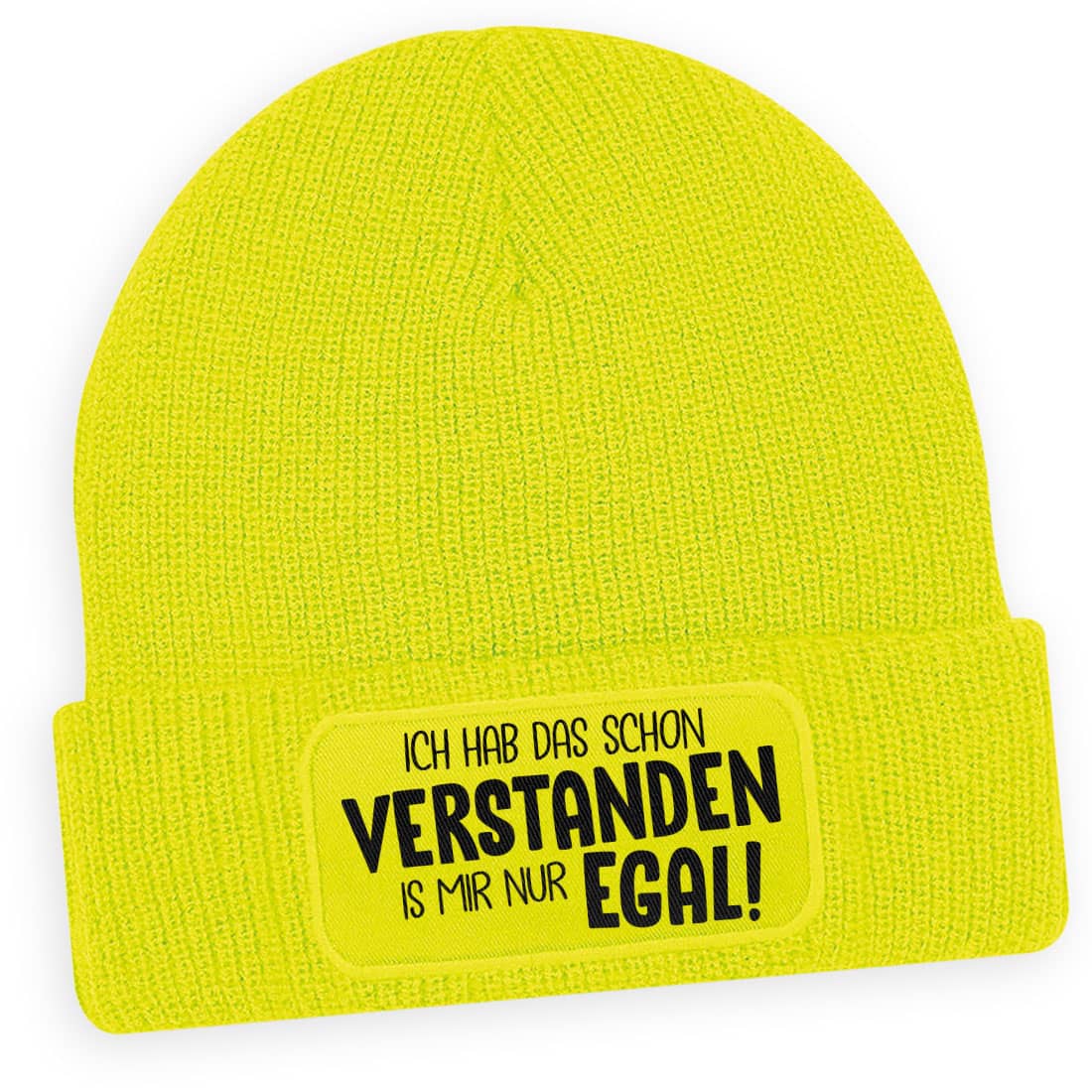 Neongelbe Wintermütze mit lustigem Spruch ‚Ich hab das schon verstanden, ist mir aber egal‘