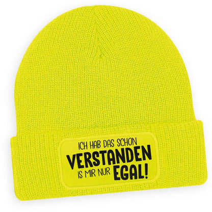 Neongelbe Wintermütze mit lustigem Spruch ‚Ich hab das schon verstanden, ist mir aber egal‘