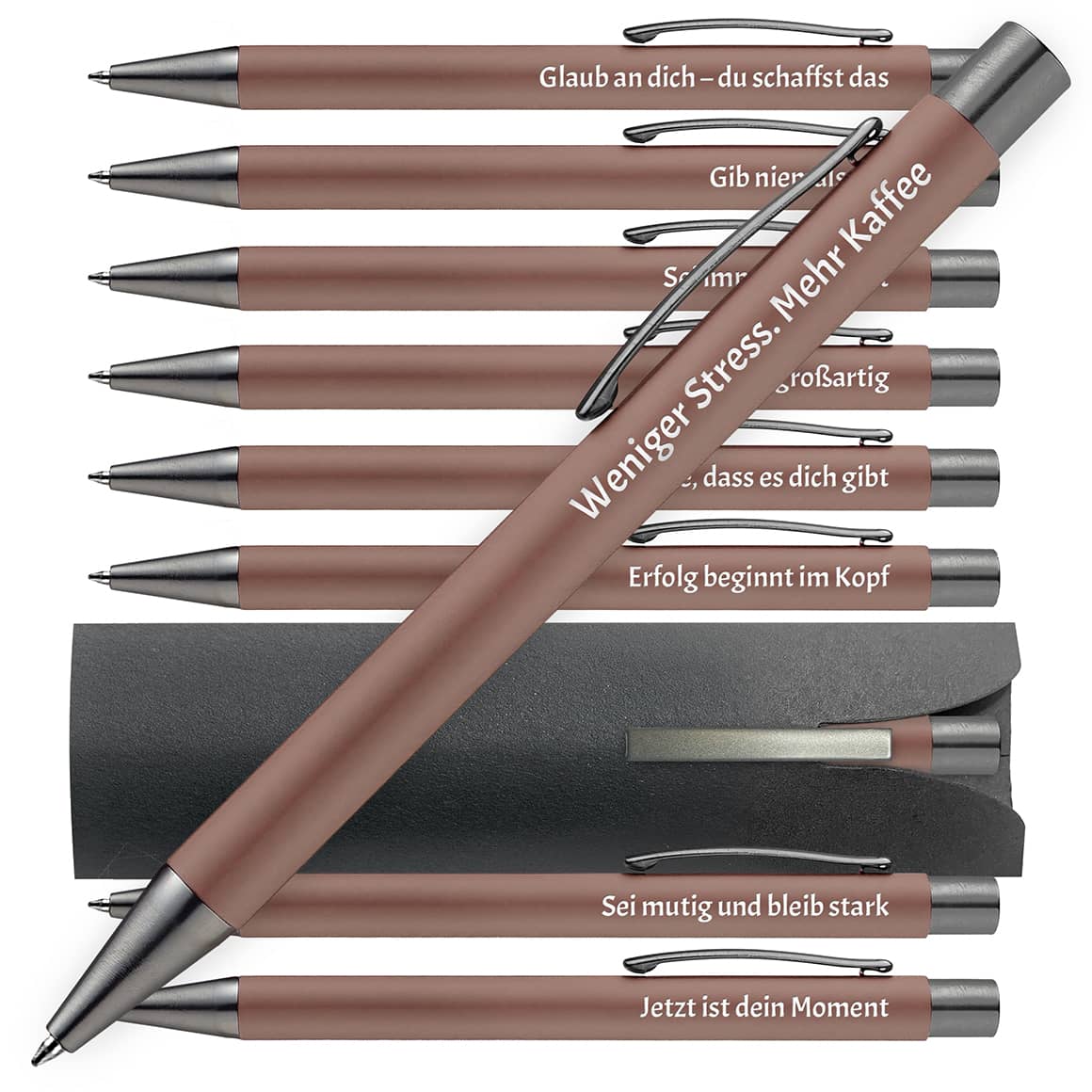 OMEGA Kugelschreiber in Braun mit motivierenden Sprüchen – 10er Set