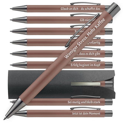 OMEGA Kugelschreiber in Braun mit motivierenden Sprüchen – 10er Set