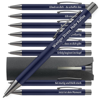OMEGA Kugelschreiber in Dunkelblau mit motivierenden Sprüchen – 10er Set