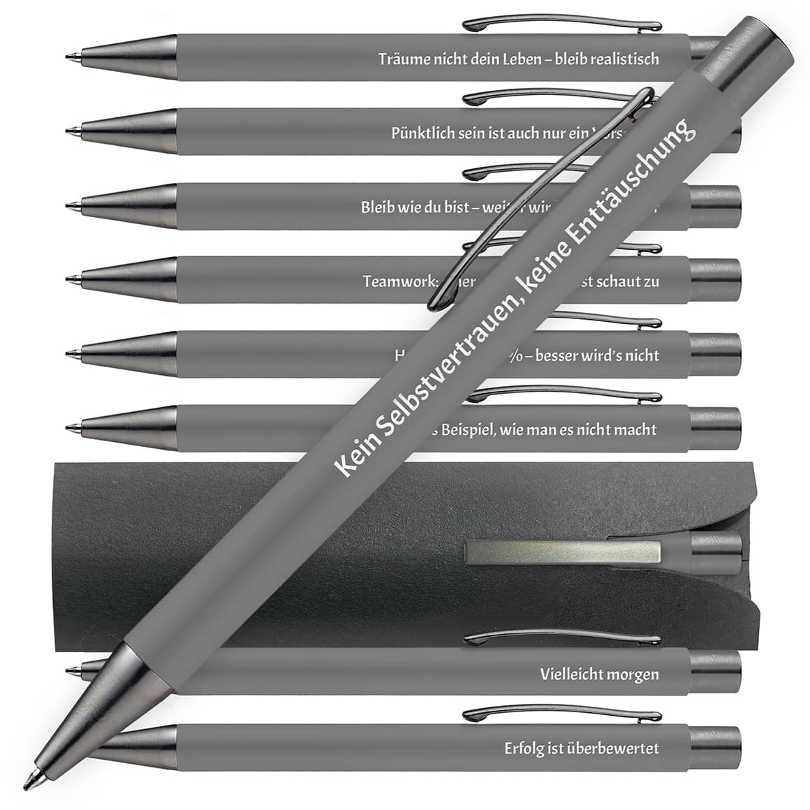 OMEGA Kugelschreiber in Grau mit Büro-Humor Sprüchen – 10er Set