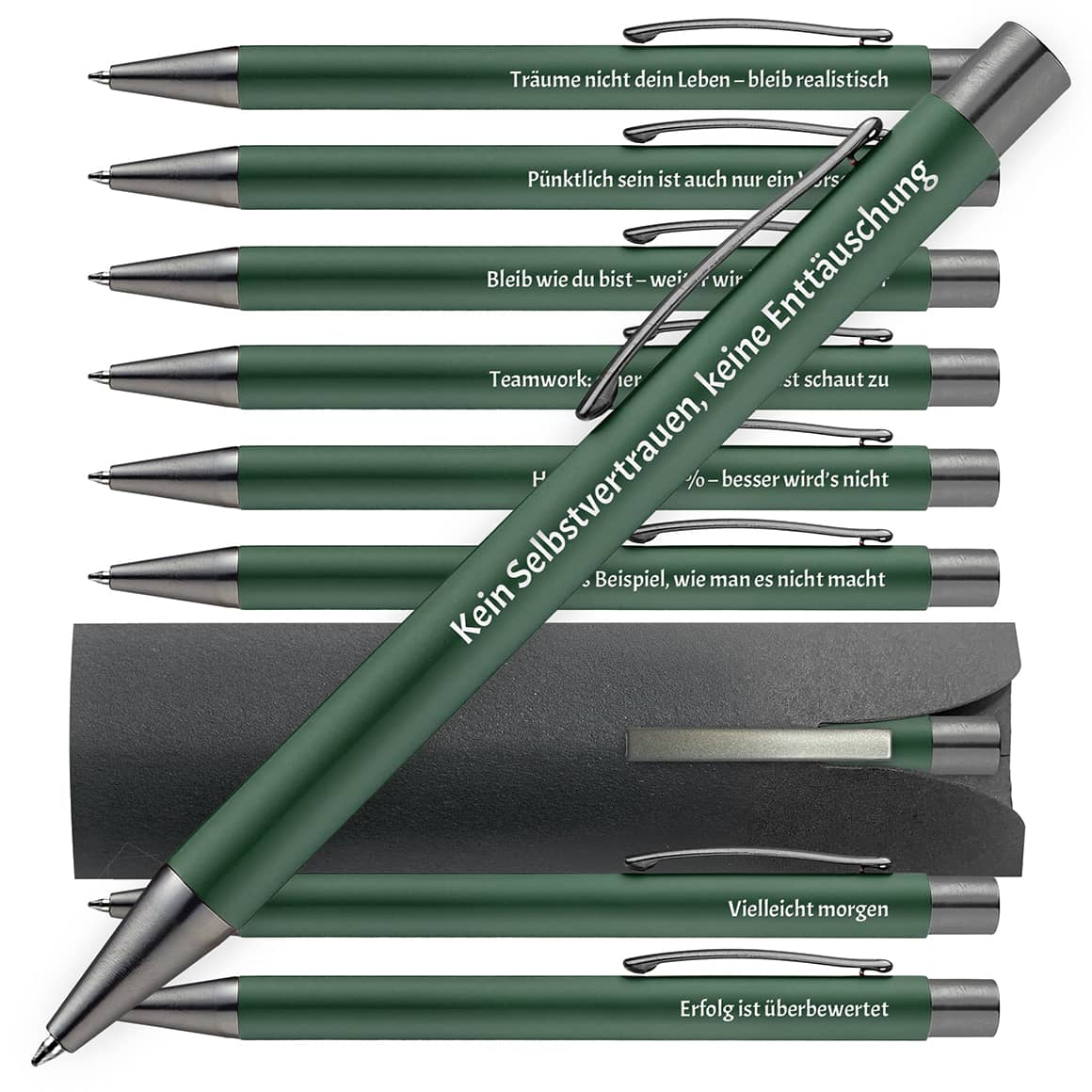 OMEGA Kugelschreiber in Grün mit Büro-Humor Sprüchen – 10er Set 
