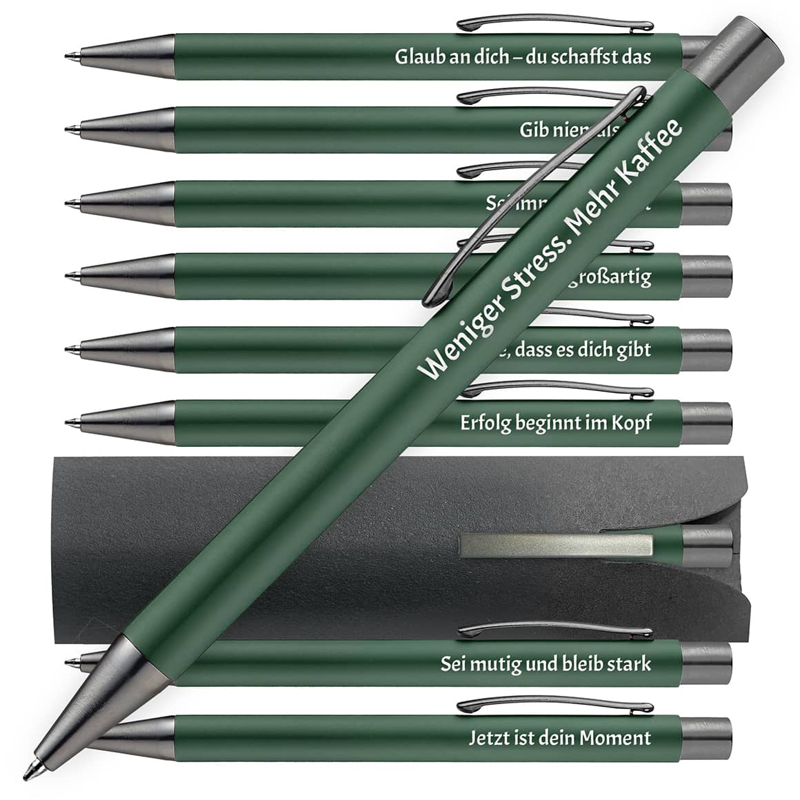 OMEGA Kugelschreiber in Grün mit motivierenden Sprüchen – 10er Set