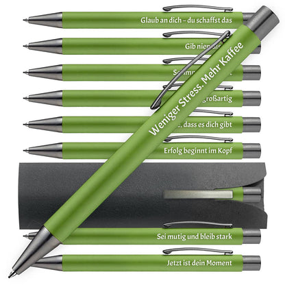 OMEGA Kugelschreiber in Lime mit motivierenden Sprüchen – 10er Set