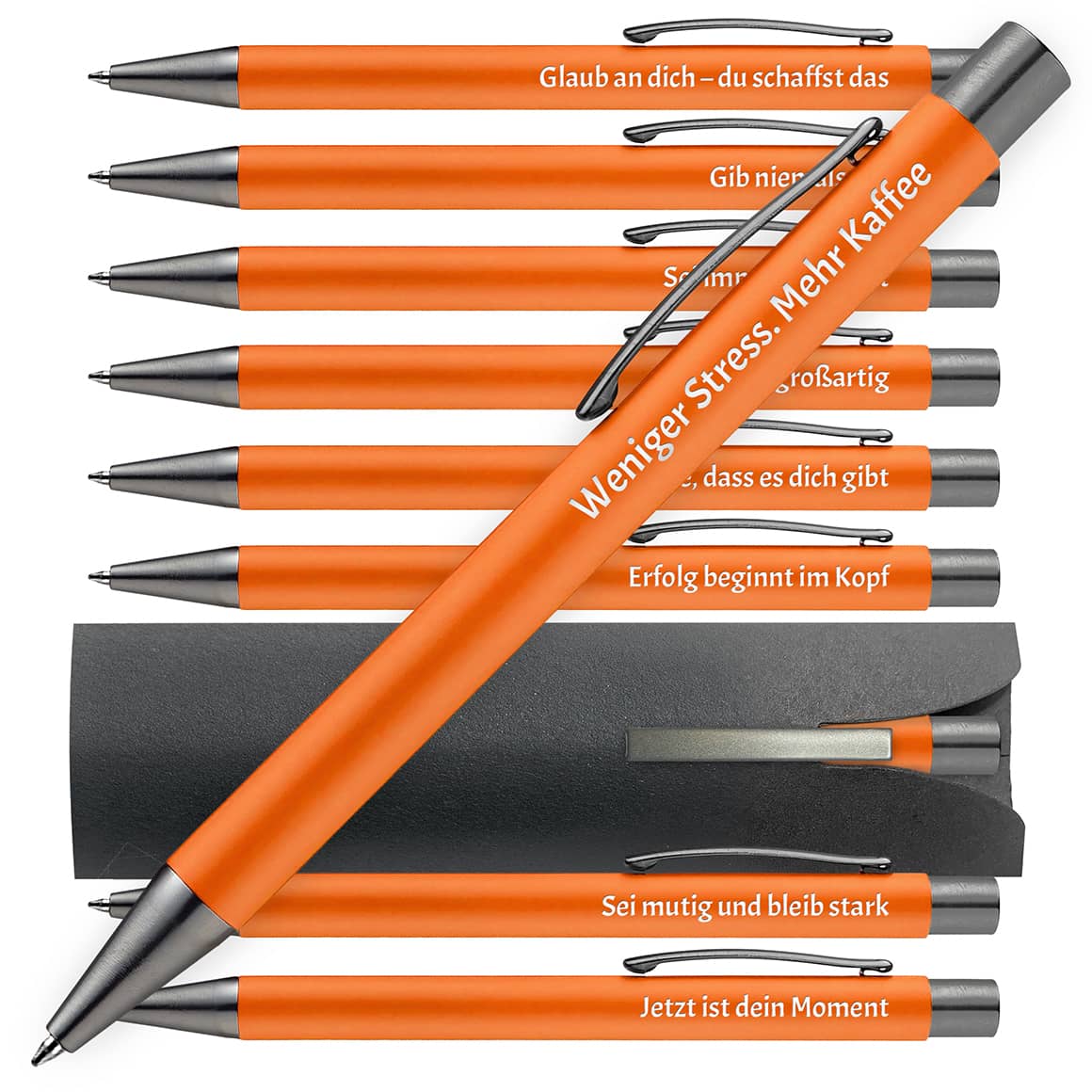 OMEGA Kugelschreiber in Orange mit motivierenden Sprüchen – 10er Set