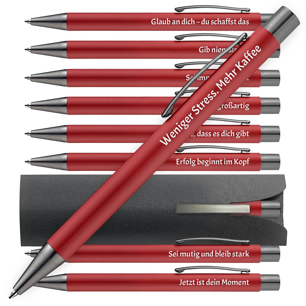 OMEGA Kugelschreiber in Rot mit motivierenden Sprüchen – 10er Set