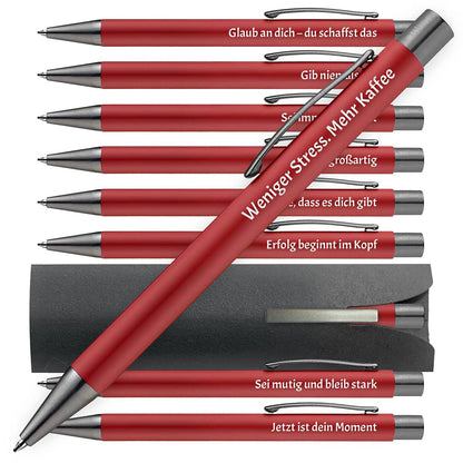OMEGA Kugelschreiber in Rot mit motivierenden Sprüchen – 10er Set