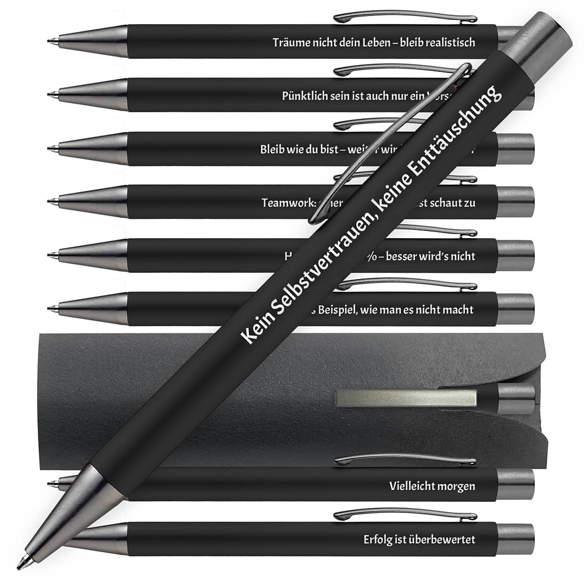 OMEGA Kugelschreiber in Schwarz mit Büro-Humor Sprüchen – 10er Set