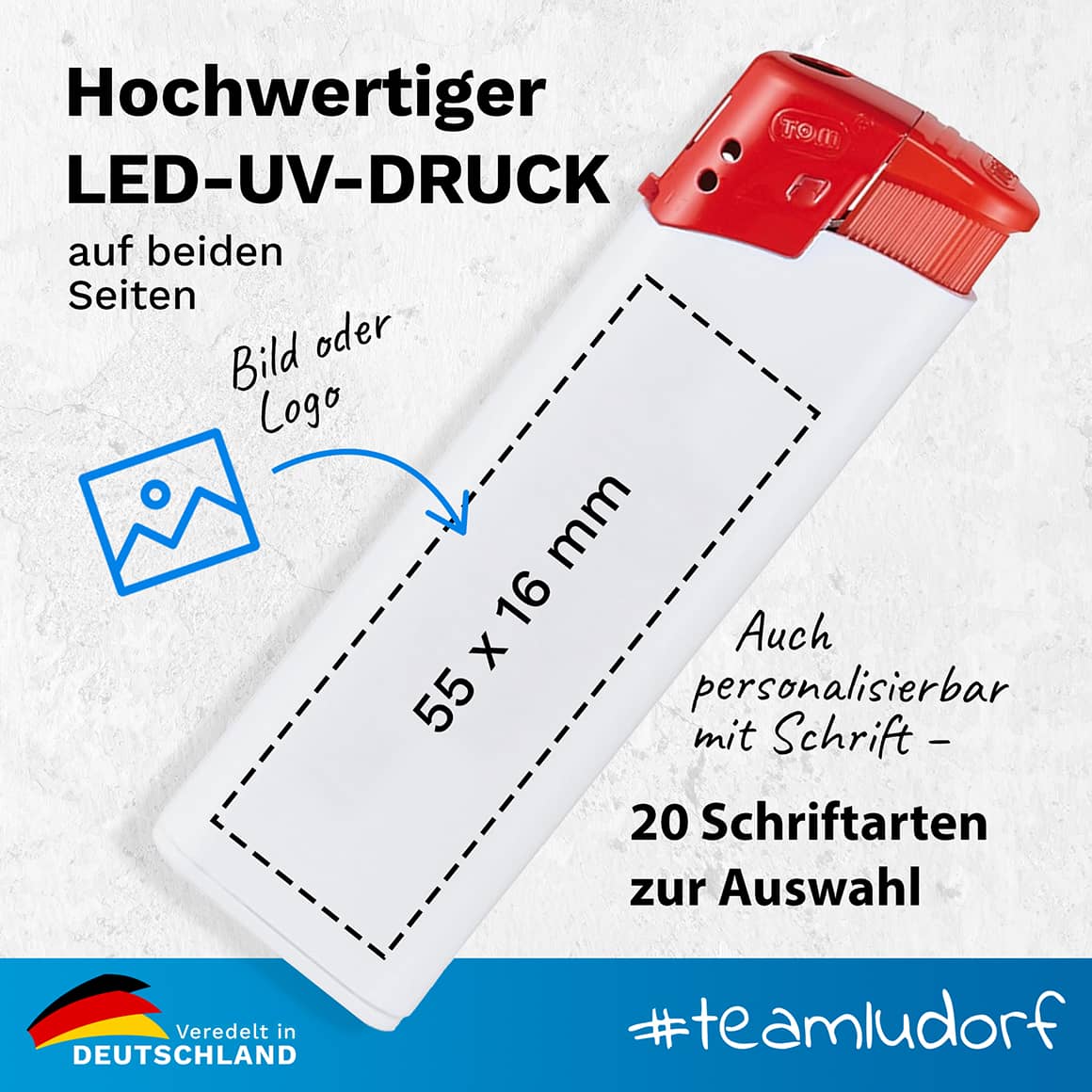 Personalisierbares Feuerzeug mit Beispiel für UV-Druck und 20 Schriftarten zur Auswahl